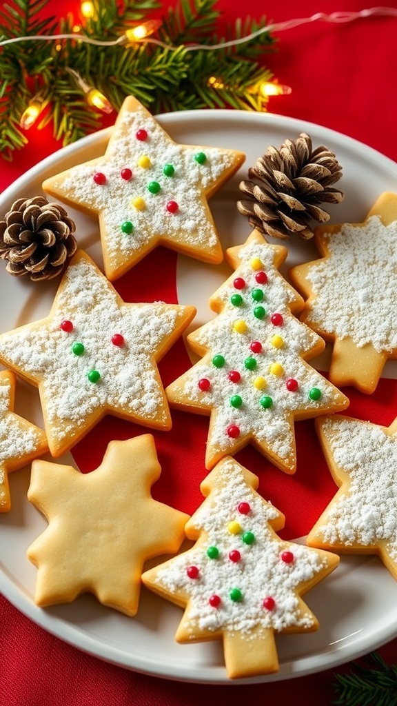 A plate of Christmas shortbread cookies shaped like stars and trees, decorated with sprinkles, on a festive table.